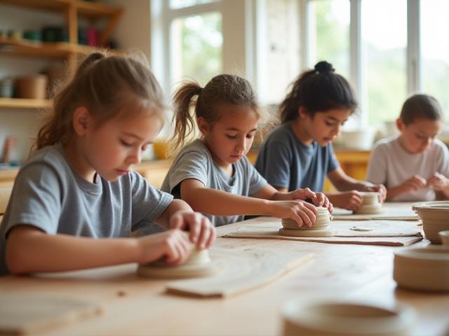 Group of students hand-building clay objects in a serene studio