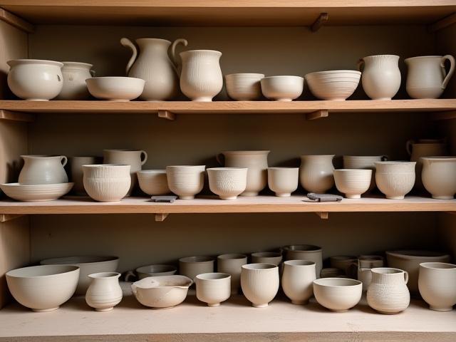 Various ceramic pieces drying on shelves in a well-lit studio